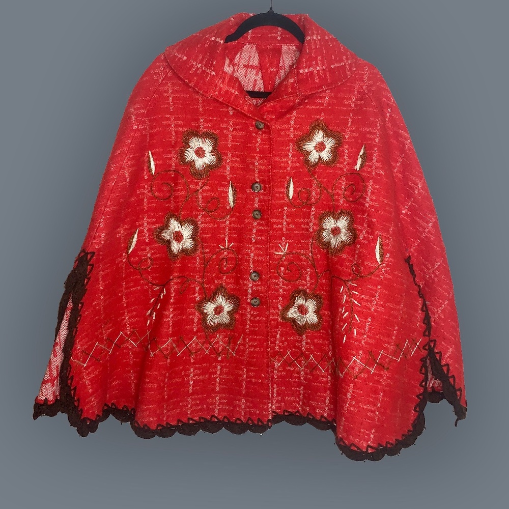 Vintage Red Poncho with Floral Embroidery
